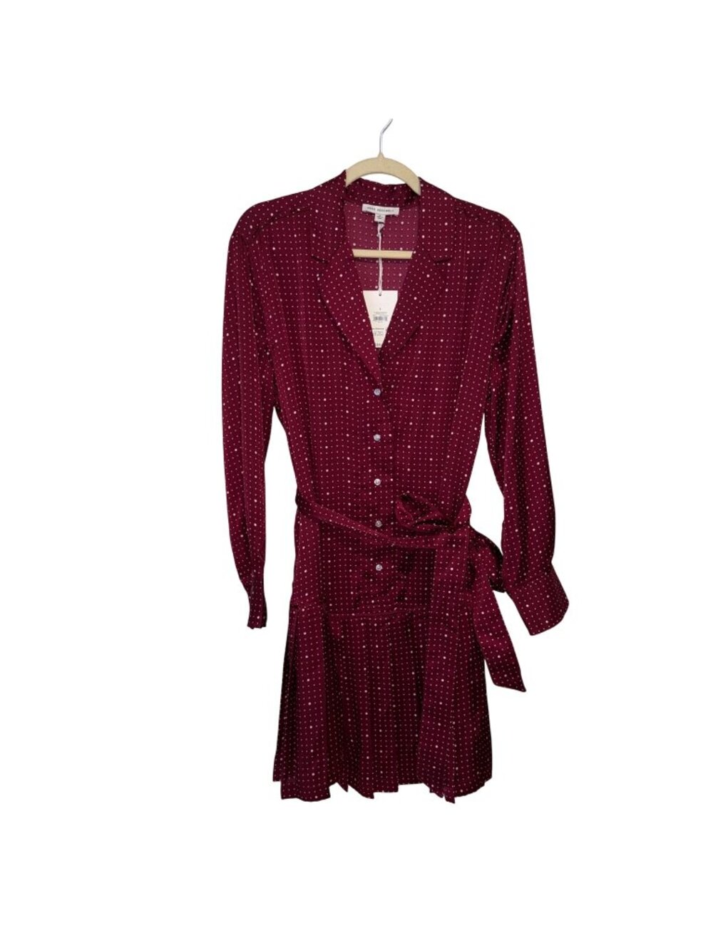 NWT Free Assembly Burgundy Polka Dot Long-Sleeve Button-Front Dress With Tie Bel